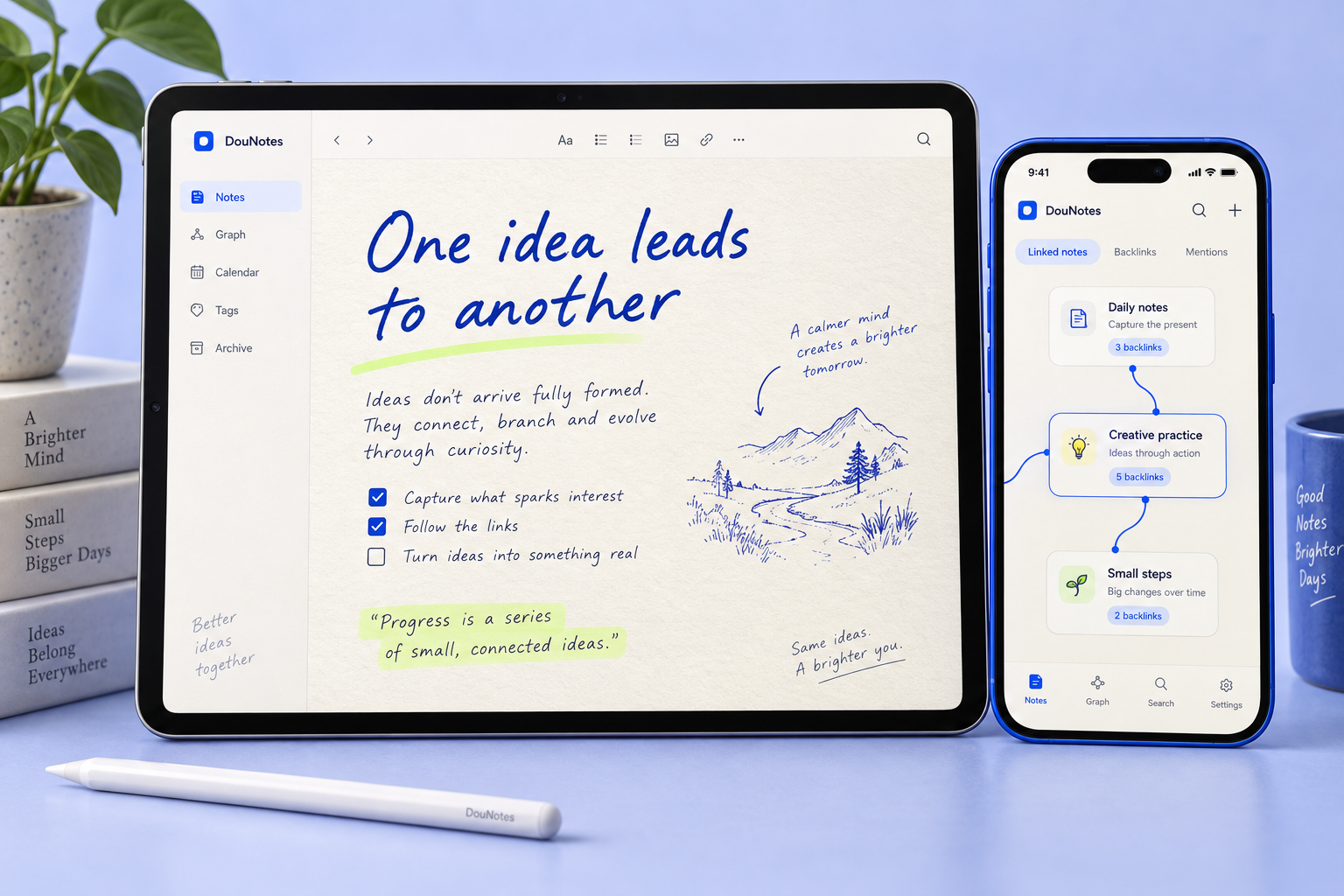 DouNotes tablet and mobile concepts combining textured paper notes and linked ideas