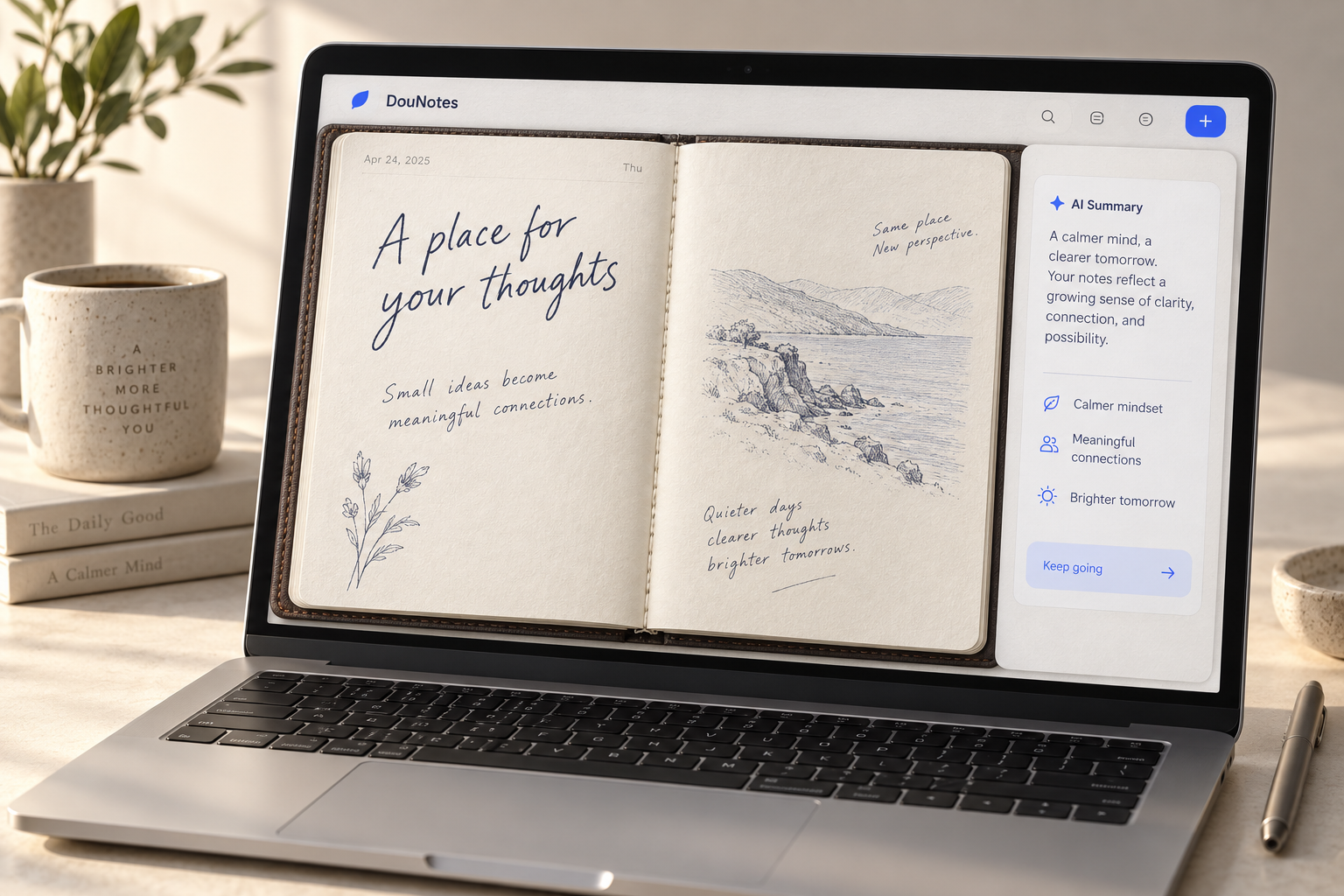 DouNotes desktop interface concept with realistic textured notebook pages, a stitched binding, and an AI summary panel