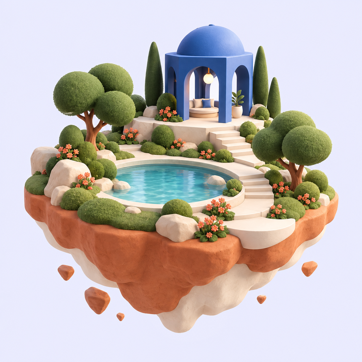 A tiny floating focus island with a blue pavilion, trees, and a turquoise pond