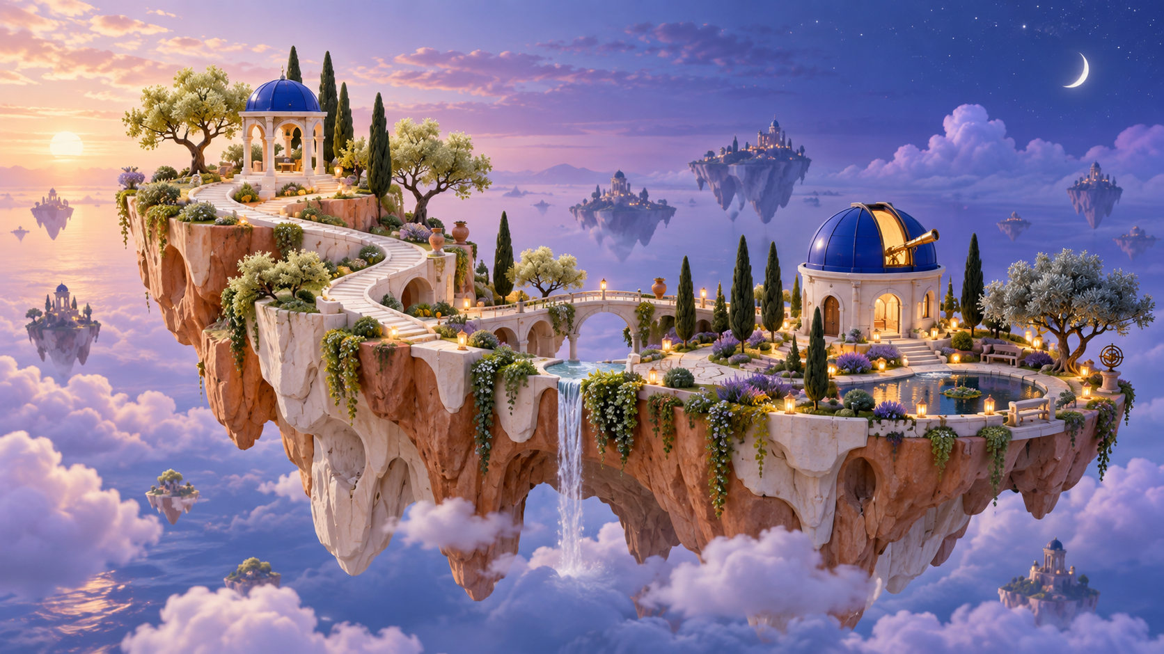 A floating garden world with blue pavilions, waterfalls, and a twilight observatory