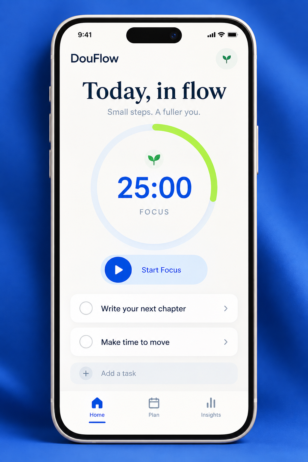 DouFlow mobile design concept showing a focus timer, personal goals, and daily tasks