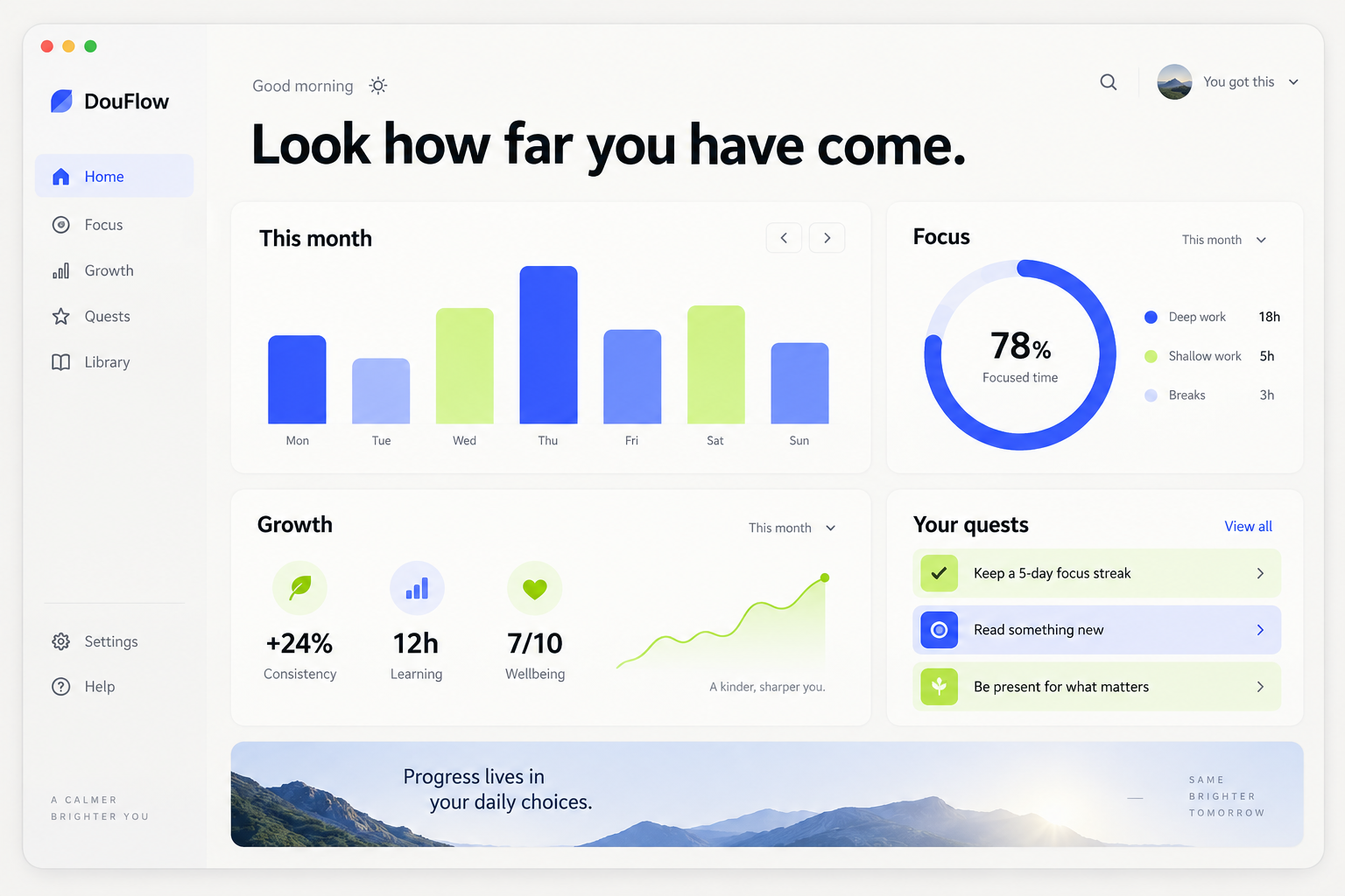 DouFlow monthly reflection interface concept with focus charts, personal milestones, and growth indicators