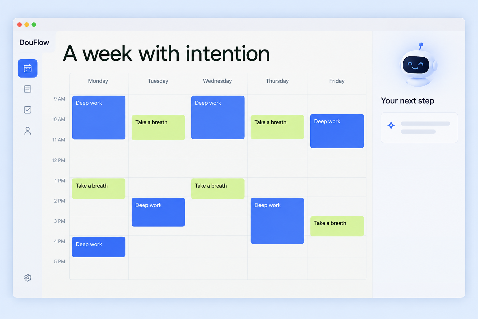 DouFlow weekly planner concept with a five-day calendar and contextual AI suggestions